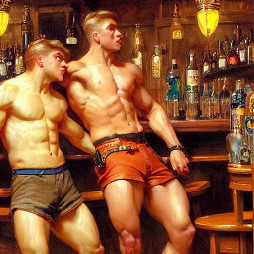 Image similar to attractive muscular maculine male with brunet hair and attractive muscular masculine male with blond hair. pants and shorts, drinking their hearts out, in a pub. highly detailed and very defined painting by j. c. leyendecker, gaston bussiere, craig mullins 8 k
