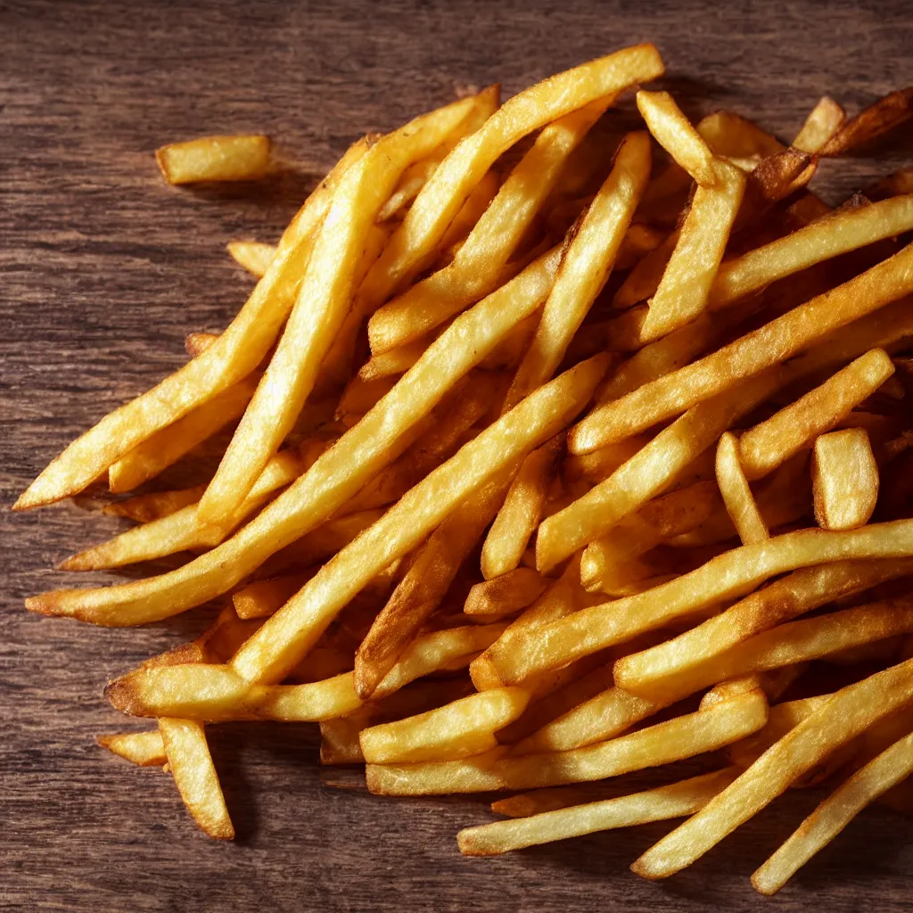 Image similar to close-up view of french fries on top of a wooden table, 8k, high detail, photorealistic, proper shading