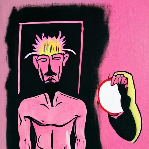 Image similar to A mirror selfie of a handsome muscular man with white angel wings and black devil horns, holding iPhone, pitchfork, pink background, abstract Basquiat oil painting with thick paint strokes