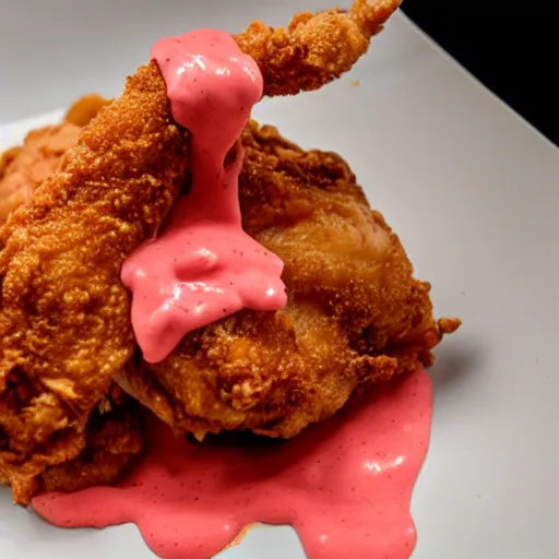 Prompt: fried chicken covered in pink sauce