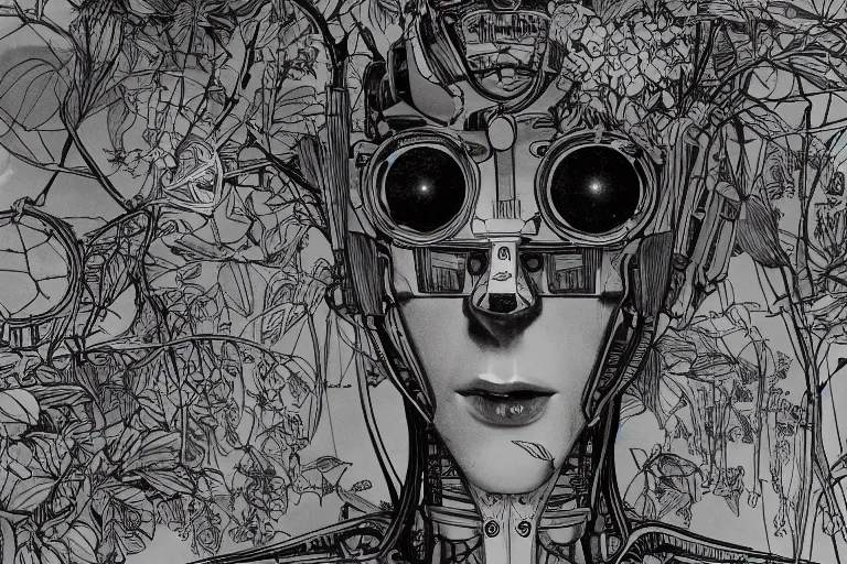 Image similar to gigantic robot - girl head floating in the space, a lot of exotic plants, trees, flowers, oldschool vintage sci - fi flat surreal grainy design, super - detailed, drawing by craig gleason, hd, 4 k, high quality