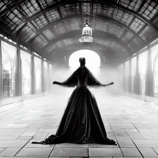 Image similar to ghost woman in elaborate gown in haunted train station, Victorian architecture, spooky, mist, depth of field”