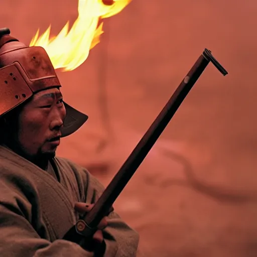 Image similar to cinematic film still NLE Choppa starring as a Samurai holding fire, Japanese CGI, VFX, 2003, 400mm lens, f1.8, shallow depth of field, film photography