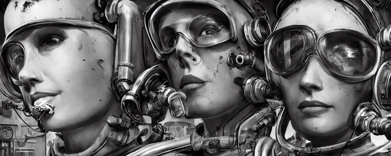 Image similar to detailed ink character concept art 3 / 4 portrait of tattooed stoic heroic emotionless butch blonde woman engineer with short slicked - back hair, wearing dirty flight suit, wearing dark victorian goggles, working inside reactor room, awkward and uncomfortable and anxious, dirty. industrial space program, scifi, hyper detailed. octane render. trending on artstation