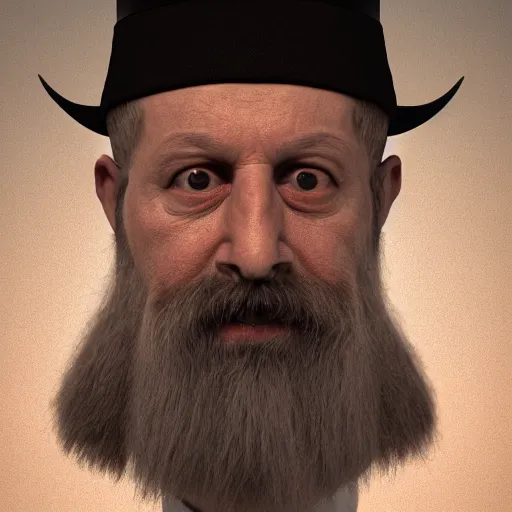 Prompt: A portrait of a Rabbi that is Satan, devil, dark, ominous, haunting, sinister, close-up, studio lighting, realism, 8k, 3D render, octane 3D, maya, cinema 4D, Blender,