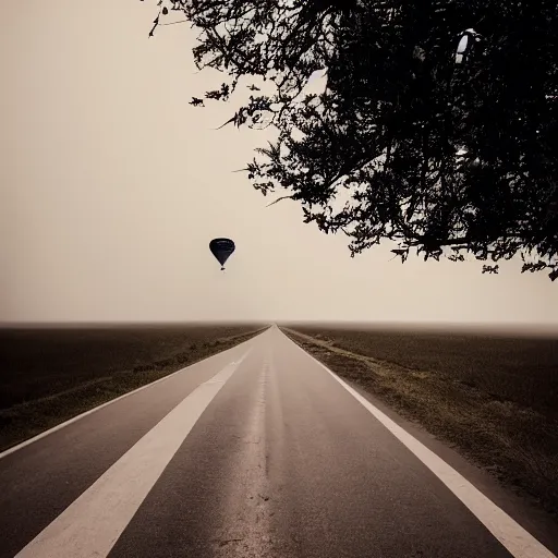 Prompt: a hot air balloon flying in the middle of the road, liminal space, uncanny, saturated, eerie, morbid