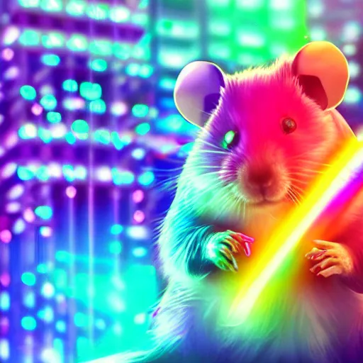 Image similar to cyberpunk hamster! holding rainbow! gem! crystal, neon lights, light reflection, 8 k, hd