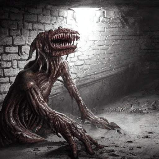 Image similar to creepy monster lurking in a dingy basement, highly detailed, epic lighting, hyper photorealism, low angle, trending on artstation 8 k