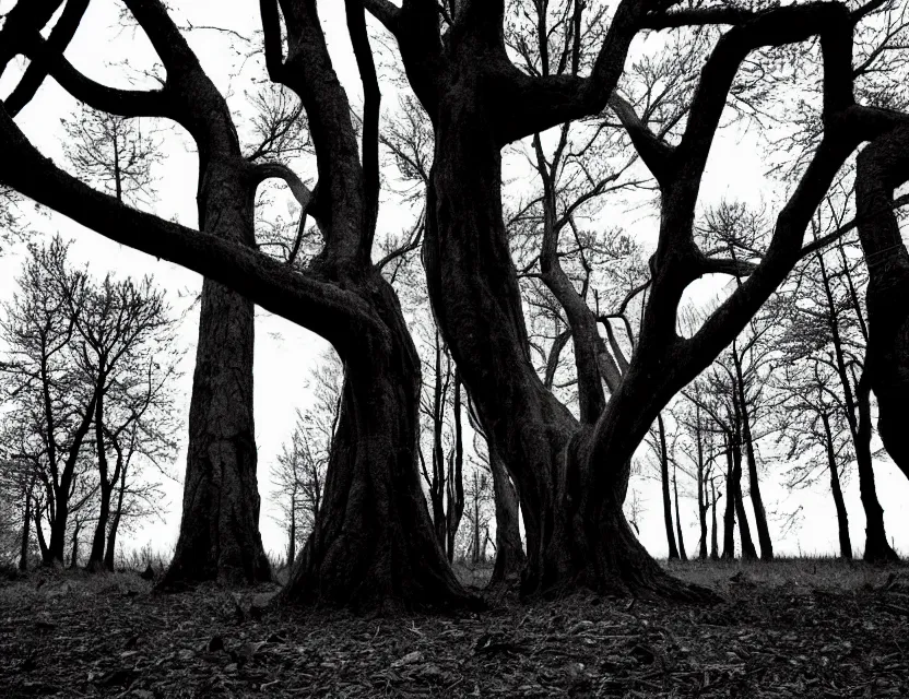 Prompt: a bent tree in the spooky woods, in the style of tim burton