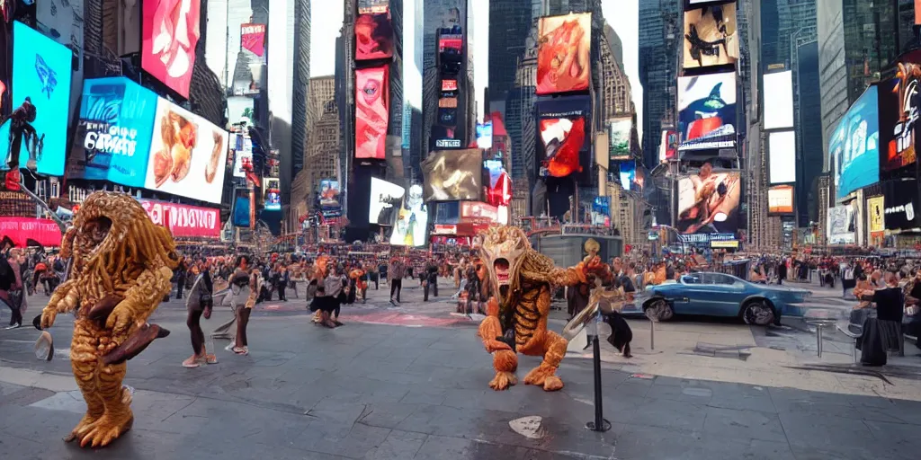 Prompt: Predator standing in Times Square Eating an Ice Cream Cone