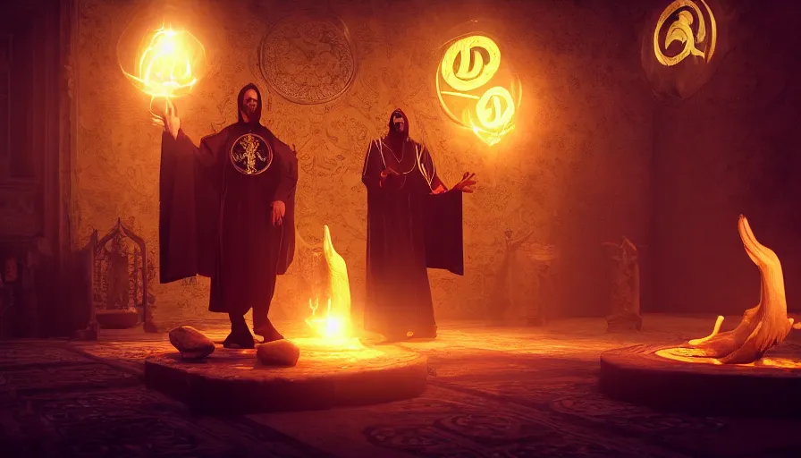 Image similar to ! dream an occult priest performs demonic ritual to summons monsters with magic and a glowing sigil in a fantastic temple, volumetric lighting, magical lighting, raytracing, dynamic lights and shadows, photorealistic render, digital art, wallpaper