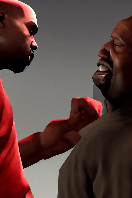 Image similar to kanye west having a fistfight with lester crest from gta v, lester crest, lester from gta v, gta lester, gameplay, grand theft auto v, strong dramatic cinematic lighting, blood red sky, smooth, sharp focus, extremely detailed