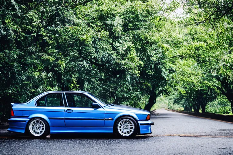 Image similar to A modified blue BMW e36 parked in a road with trees, rainy season, Epic photography, taken with a Leica camera, 500 mm focal length, f/1.5 aperture, depth of field