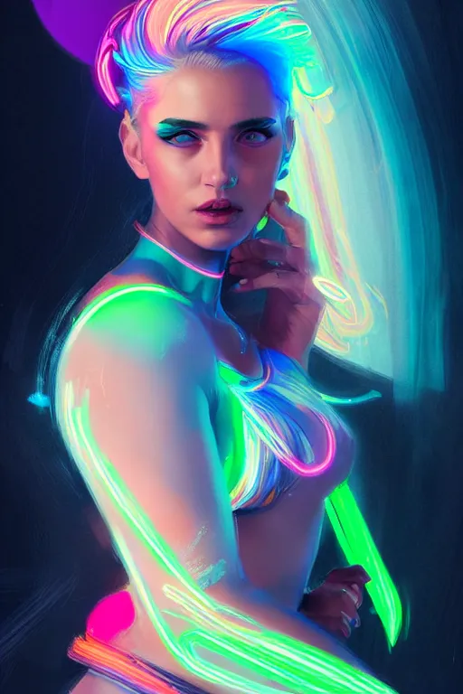 Prompt: a award winning portrait of a beautiful woman with stunning eyes in a one off shoulder crop top and cargo pants with rainbow colored hair, outlined by whirling illuminated neon lines and fine lines swirling in circles by greg rutkowski, digital art, trending on artstation