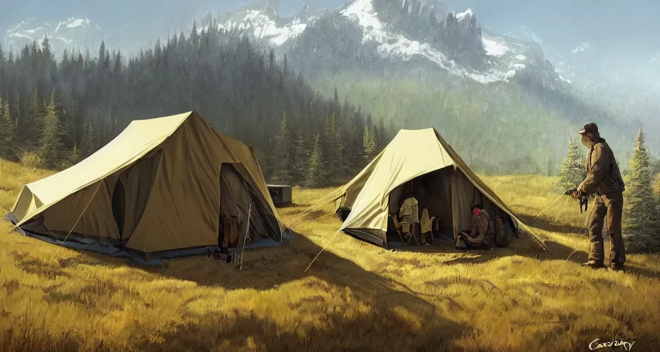 Image similar to cabela's beautiful comfortable carbon framed, military grade, modular insulated wall portable container home kit - house all weather family dwelling tent house, person in foreground, mountainous forested wilderness open fields, beautiful views, painterly concept art, environmental concept art, concept art illustration, by james gurney, by craig mullins, by greg rutkowski trending on artstation