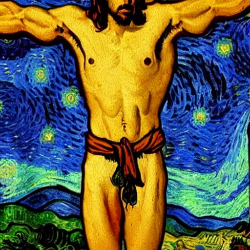 Prompt: Ja-rule appears as Jesus, crucified on cross, painting by Van Gogh