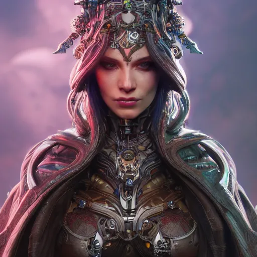 Image similar to beautiful female evil cyborg druid android queen, ultra realistic, concept art, intricate details, serious, highly detailed, photorealistic, octane render, 8 k, unreal engine, art by todd mcfarlane and artgerm and greg rutkowski and alphonse mucha