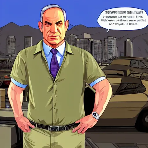 Image similar to Benjamin netanyahu as a GTA v character. GTA v loading screen illustration by martin ansin, matt bors