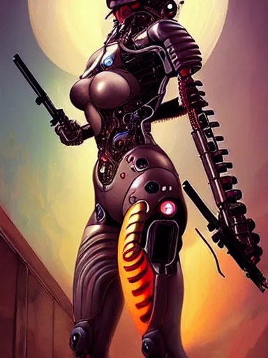 Prompt: the woman of my dreams is a cyborg assassin supermodel : : illustrated by artgerm, karol bak, android jones, nychos