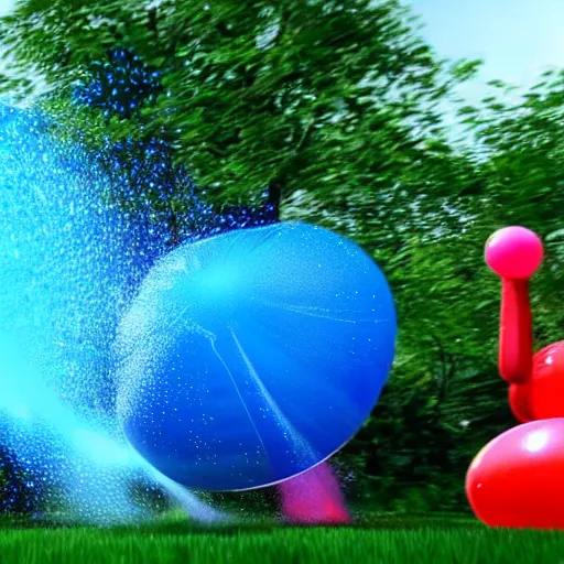 Image similar to portrait of a waterballoon explosion, unreal engine, super slow motion, blue background