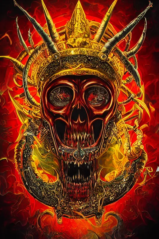 Image similar to 55 mm lens long shot photo of chthonic skull lsd colors with sharp teeth and demonic red eyes wearing a golden roman helmet with a red crest and horns and rgb background smoke, direct sunlight, glowing, vivid, detailed painting, Houdini algorhitmic pattern, by Ross Tran, WLOP, artgerm and James Jean, masterpiece, award winning painting