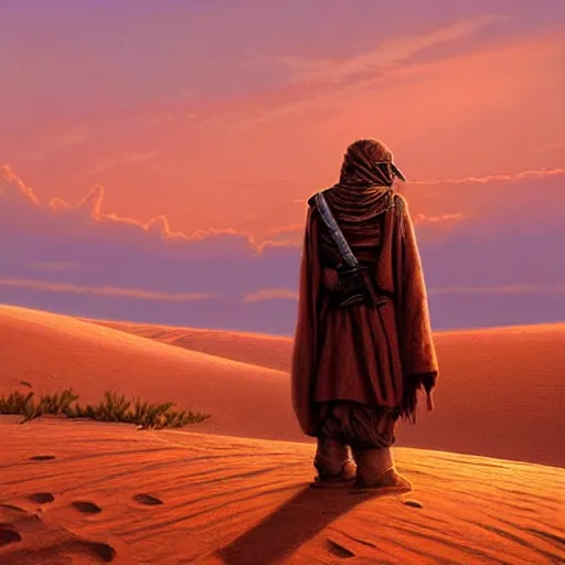 Image similar to a lone tusken raider watching the sunset, by Evgeny Lushpin, luminous lighting, cinematic