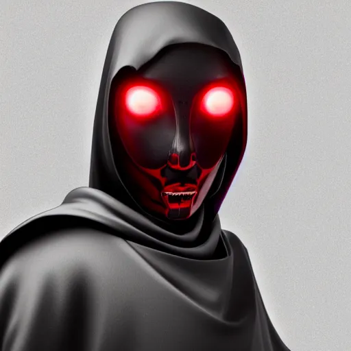 Image similar to A robotic character with red eyes, a dark hood and cloak, ominous, 8k, render
