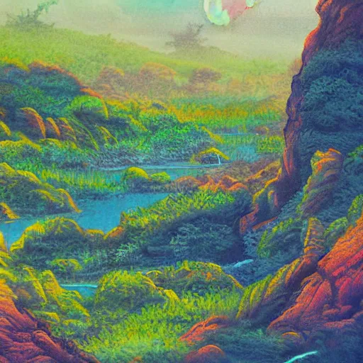 Image similar to detailed painting of a lush natural scene on an alien planet by tojiro oshita. beautiful landscape. weird colourful vegetation. cliffs and water.