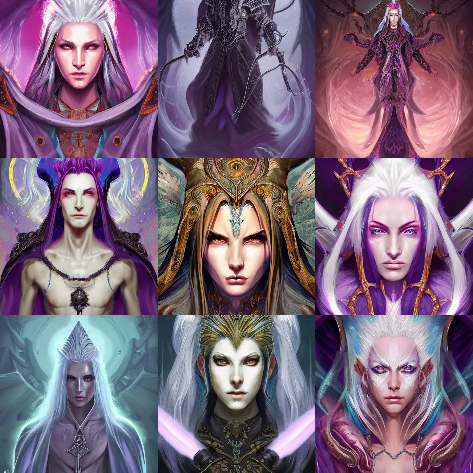 Prompt: head-on centered symmetrical painted portrait, Sephiroth/Slaanesh as an androgynous Mage, intricate fantasy robes, fantasy, intricate, iridescent energy, elegant, highly detailed, digital painting, smooth, sharp focus, illustration, dramatic lighting, artstation, in the style of Artgerm and Ross Tran and Anna Podedworna and Alex Ross