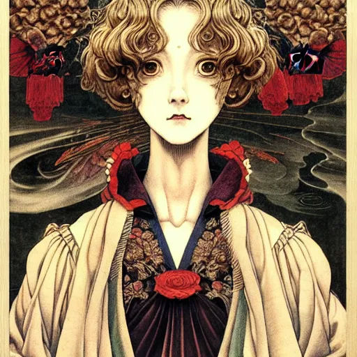 Image similar to prompt: Portrait painted in renaissance style drawn by Katsuhiro Otomo and Takato Yamamoto, inspired by Fables, china doll face, smooth face feature, intricate oil painting, high detail, sharp high detail, manga and anime 2000