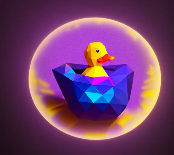 Prompt: shiny gemstone in the shape of a low - poly rubber duck floating in a pool of purple perfume, glistering magic particles, photorealism, mystical, enigmatic, digital oil painting, trending on artstation
