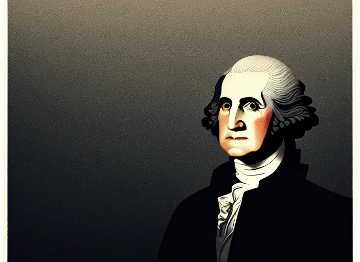 Image similar to portrait of a george washington, colorful, modern art deco, mads berg, karolis strautniekas, christopher balaskas, stippled light, fog, moody, fine texture, editorial illustration, dramatic lighting, dynamic composition, detailed, matte print, dynamic perspective, muted color