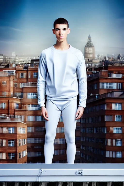 Image similar to un ultra high definition studio quality photographic art portrait of a young man standing on the rooftop of a british apartment building wearing soft padded silver pearlescent clothing. three point light. extremely detailed. golden ratio, ray tracing, volumetric light, shallow depth of field. set dressed.