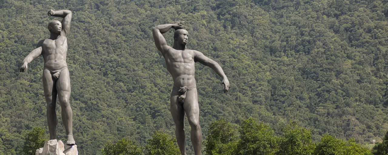 Image similar to A photograph of a large statue of a male athlete his head high and his hands stretched, symbolizing humanity, ambition and determination, photo taken from a large distance so that the full statue is visible overlooking a valley, high resolution image taken with a DSLR camera