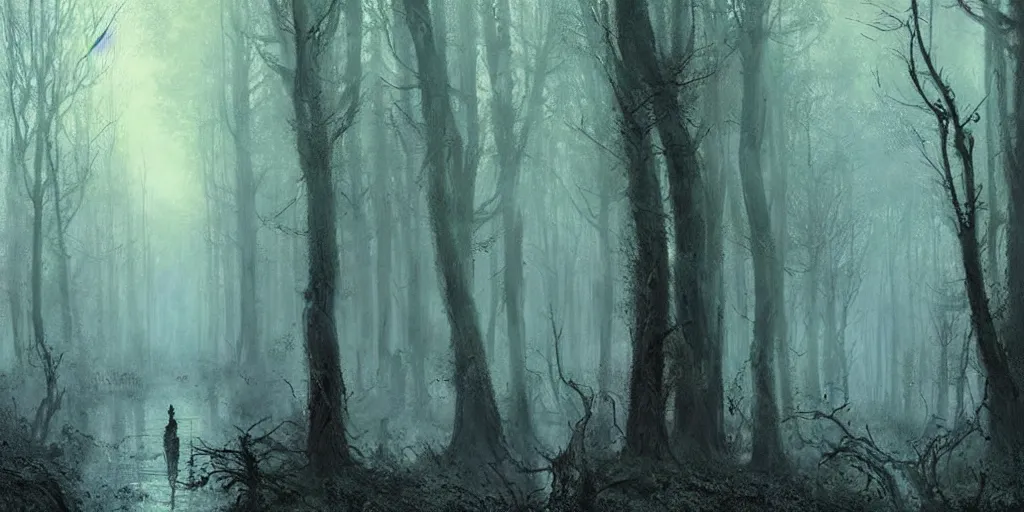 Prompt: a dark scary forest burning, dark atmosphere, elegant, ethereal horror fantasy art by greg rutkowski and magali villeneuve and claude monet