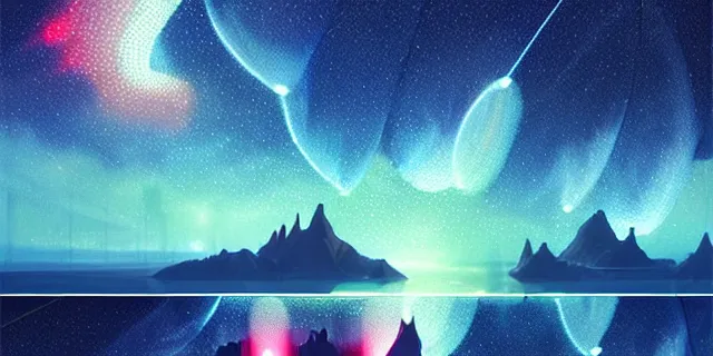 Image similar to beautiful multiple glowing cubes all interconnected to each other with tubes, atmospheric lighting, intricate, volumetric lighting, beautiful, sharp focus, ultra detailed, in the art style of bowater charlie, brom gerald, lake baikal in the background, astrophotography