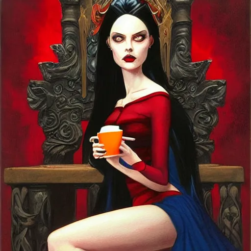 Prompt: fantasy painting of a beautiful dark princess, style of gerald brom, dark hair, black and red dress, blue eyes, sitting on a dark wooden throne, drinking coffee