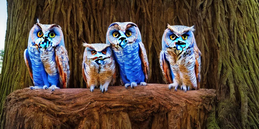 Prompt: A giant two-headed owl with red and blue eyes sitting on a throne carved in a big tree, moonlight, natural light, Cinematic level shot, dynamic pose, award winning photograph, photorealism, beautiful lighting, sharp, details, hyper-detailed, HDR, 8K