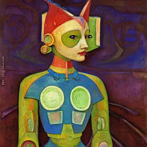 Prompt: the little robot queen in her regalia, by annie swynnerton and diego rivera and nicholas roerich, symbolist, dramatic lighting, elaborate geometric ornament, art brut, smooth, sharp focus, extremely detailed, leo and diane dillon, adolf wolfli, soft pastel colors