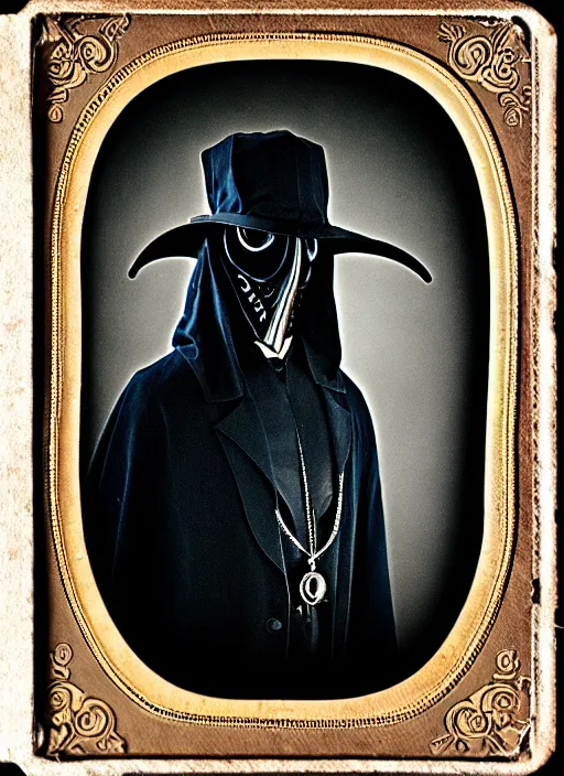 Image similar to 1910s photograph of a futuristic plague doctor in Steampunk leather high fashion Gothic bespoke couture storybook wide shot taken on A poloroid photograph from a large format camera Daguerreotype from the year 3020 in Kodachrome