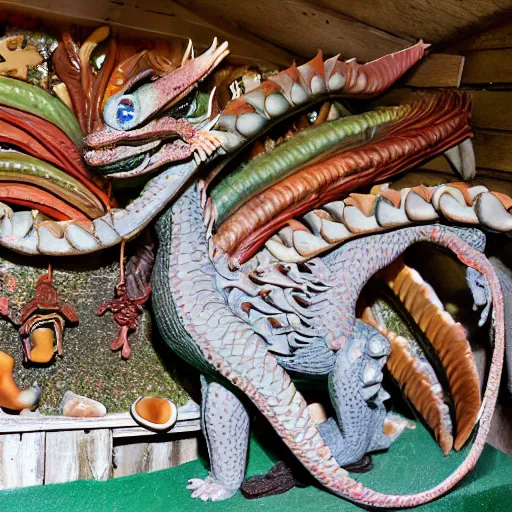 Image similar to Dragon made of clay and seashells on display in the back of the red schoolboys garden shed in the disco center for the mentally disabled in Connecticut.