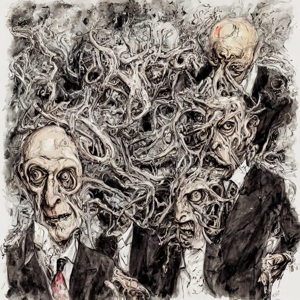 Image similar to Jacob Rothschild by Ralph Steadman, illustration, body horror, biopunk, 8k , trending on artstation