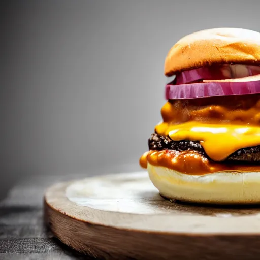 Prompt: hamburger with sauce running down bun, hyper realistic, award winning food photography