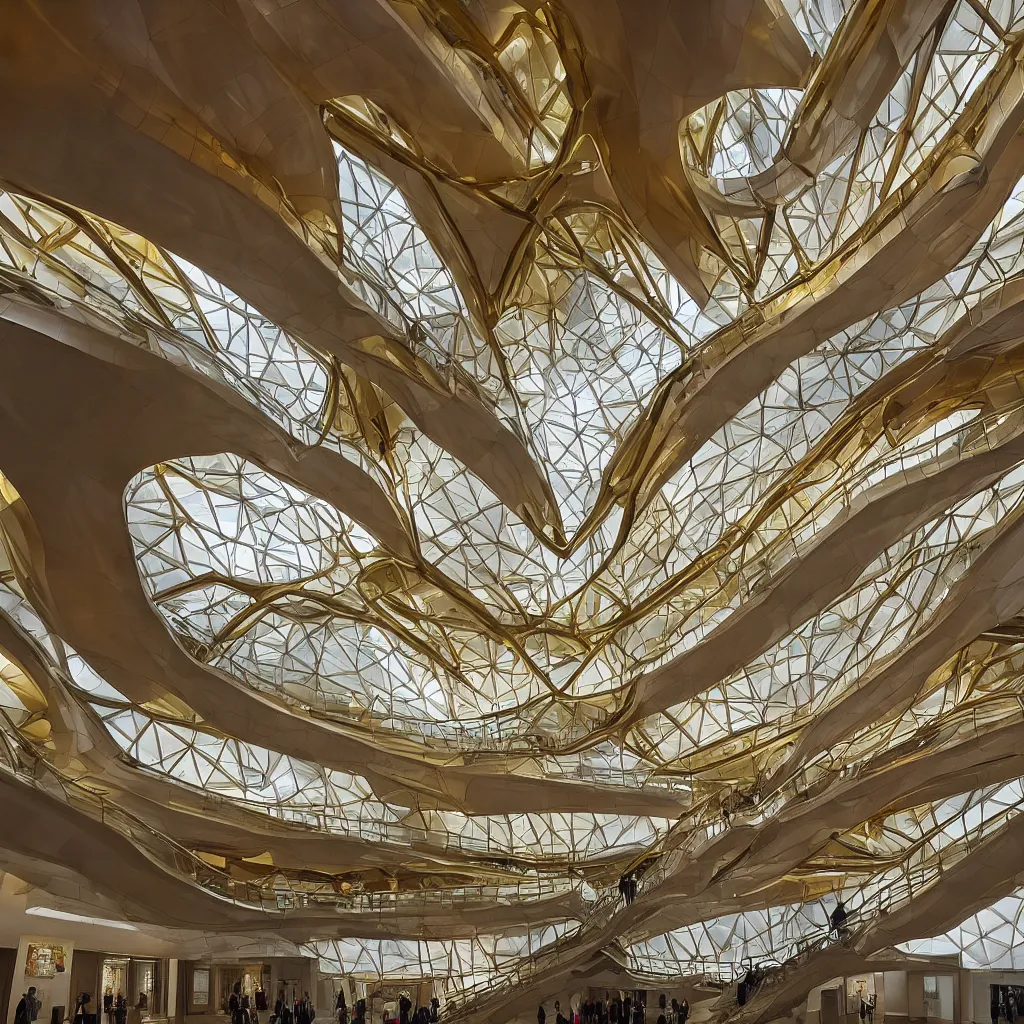 Prompt: “ the interior atrium hall of the museum of emotions designed by highly sculptural hyperbolic boolean surfaces, a sculptural staircase done in gold floats up to a skylight, highly detailed in 4 k ”