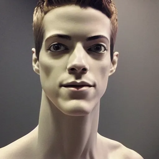 Image similar to “a realistic detailed photo of a guy who is an attractive humanoid who is half robot and half humanoid, who is a male android, actor Grant Gustin, shiny skin, posing like a statue, blank stare, at the museum, on display”