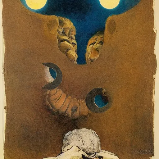 Image similar to the emperor of giants swallows the moon, by Odilon Redon, by Francisco Goya, by M.C. Escher, oil on canvas, beautiful, eerie, surreal, colorful