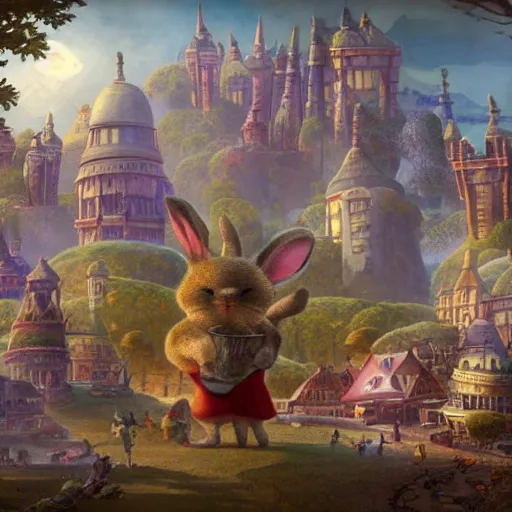 Prompt: a fantasy city with giant bunnies