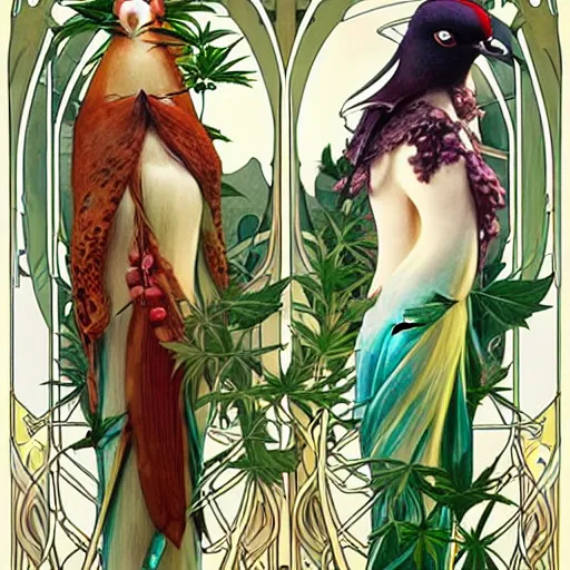 Image similar to hyper realistic, two beautiful and proud pigeon birds, majestic art-nouveau dank cannabis trees, by Range Murata and Mucha