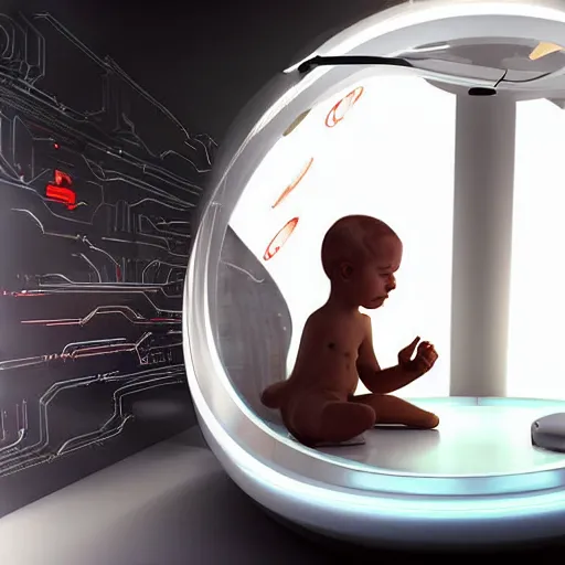 Prompt: a cyborg baby growing in a sci - fi gestation pod, a very cyberpunk scene ; graphic art