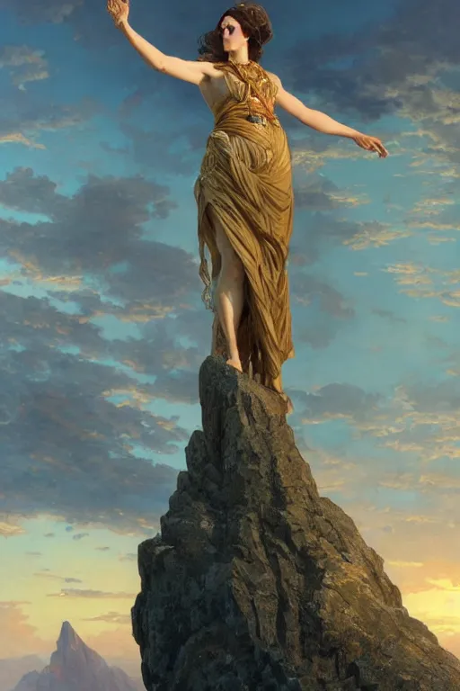 Image similar to an ultradetailed colossal magnificent mountain sized sculpture of an elegant woman, fine detail, sunrise on the horizon in the background, stone hand raised up, 8 k, art by greg rutkowski and alphonse mucha and andreas rocha and albert bierstadt